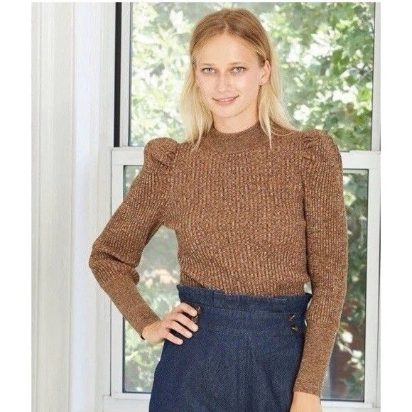 Who What Wear Brown Puff Sleeve Mock Neck Ribbed Sweater Top Size Large Fall - Picture 1 of 9